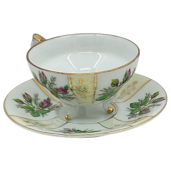 Vintage Pink Rose Tea Cup and Saucer 3 Footed Geometric‎ Lusterware Gold Trim - Picture 5 of 9